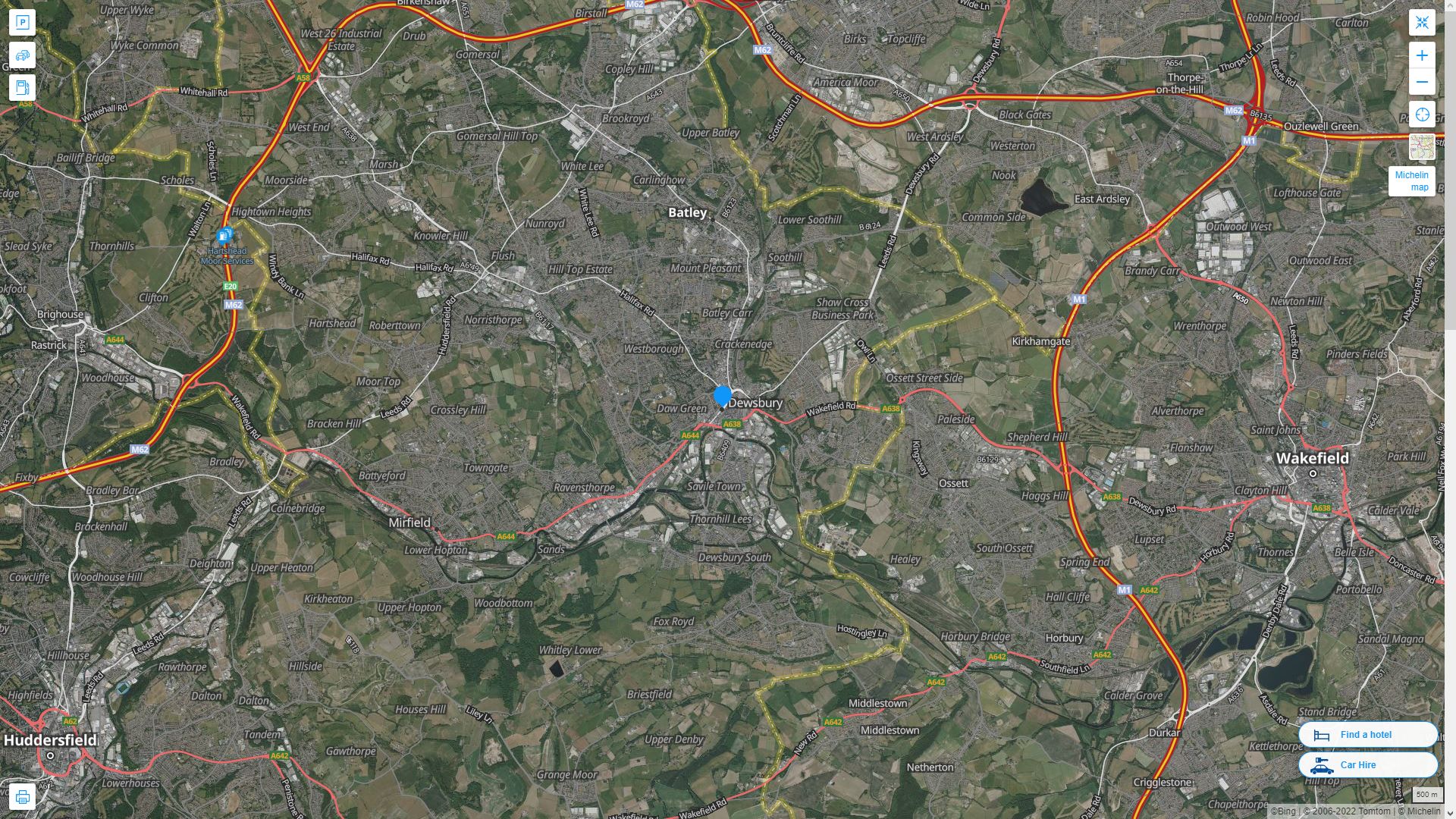 Dewsbury Royaume Uni Autoroute et carte routiere avec vue satellite